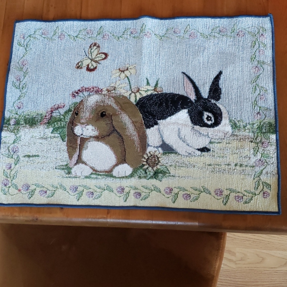 Tapestry Rabbits, Flowers & Butterfly 18x13"